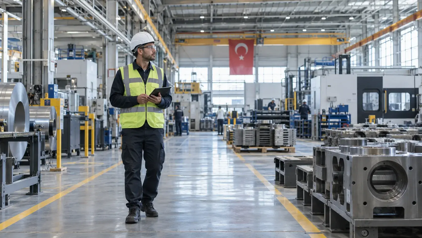 Koruyucu ekipmanlı bir İSG profesyonelinin üretim sahasında gözlem yaptığı temsili görsel